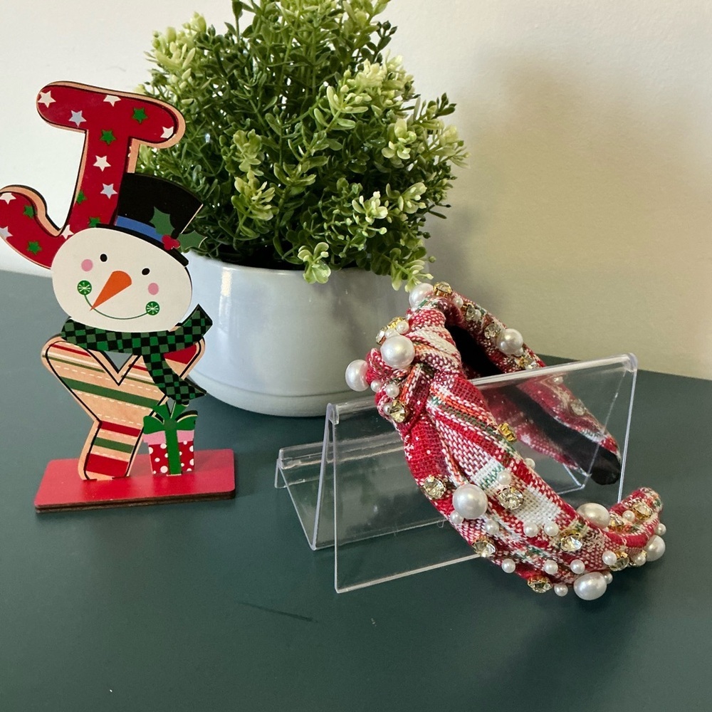 Festive Red Plaid Top Knot Headband with Pearls #1